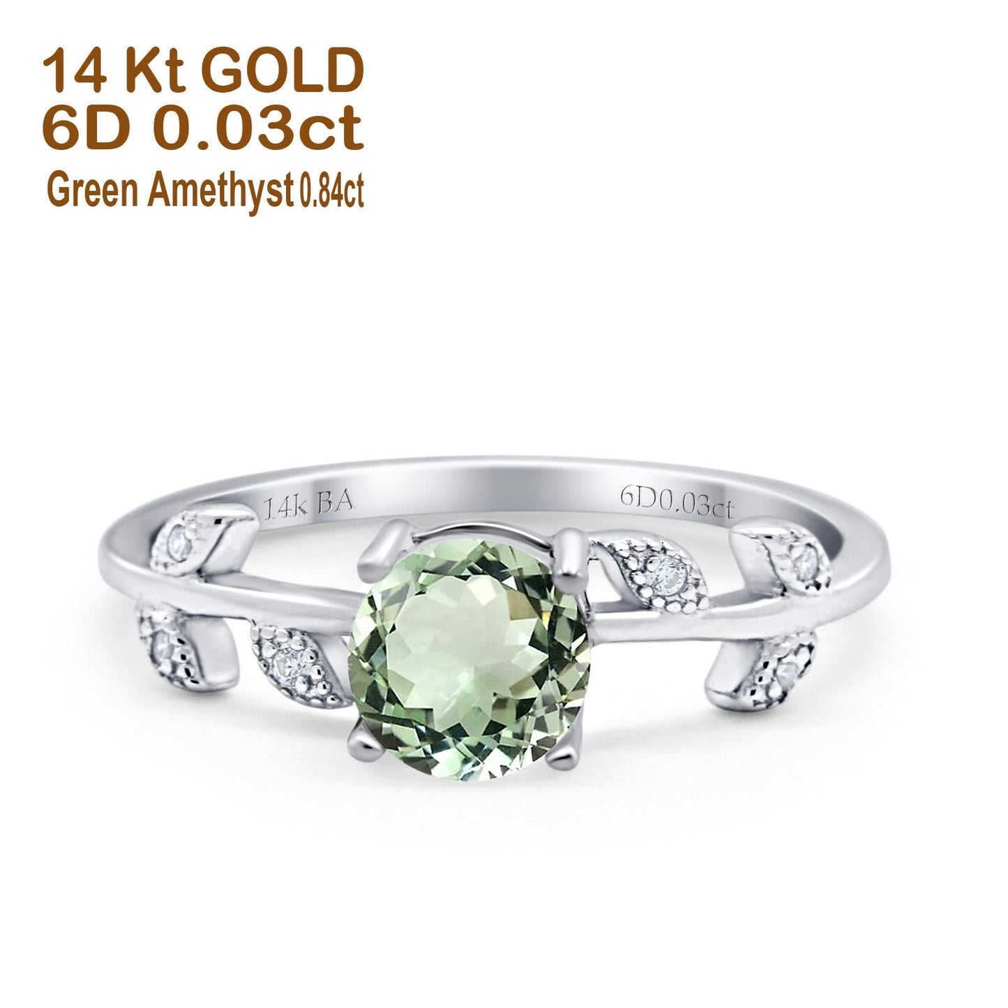 14K White Gold 0.87ct Round Natural Green Amethyst G SI Diamond Engagement Ring Size 6.5