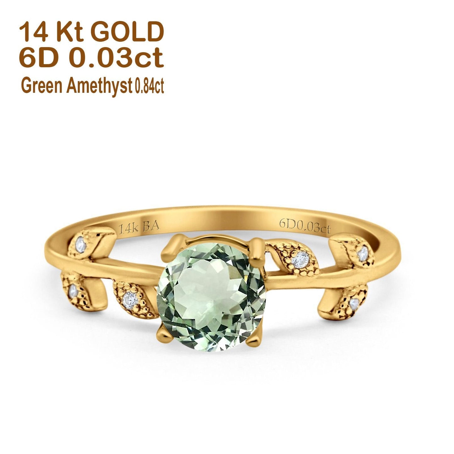 Anillo de compromiso de oro amarillo de 14 quilates con diamante G SI de amatista verde natural de 0,87 ct y talla 6,5