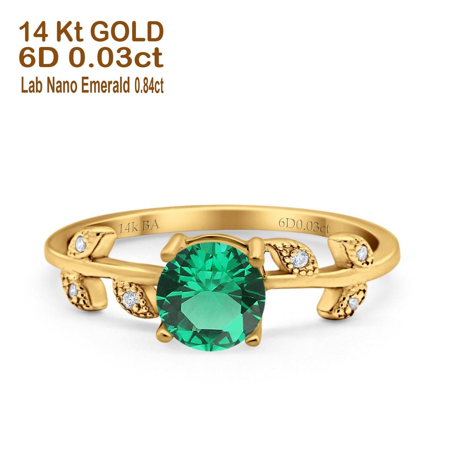 14K Yellow Gold 0.87ct Round Nano Emerald G SI Diamond Engagement Ring Size 6.5