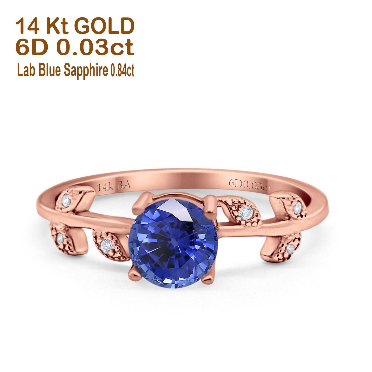 14K Rose Gold 0.87ct Round Nano Blue Sapphire G SI Diamond Engagement Ring Size 6.5