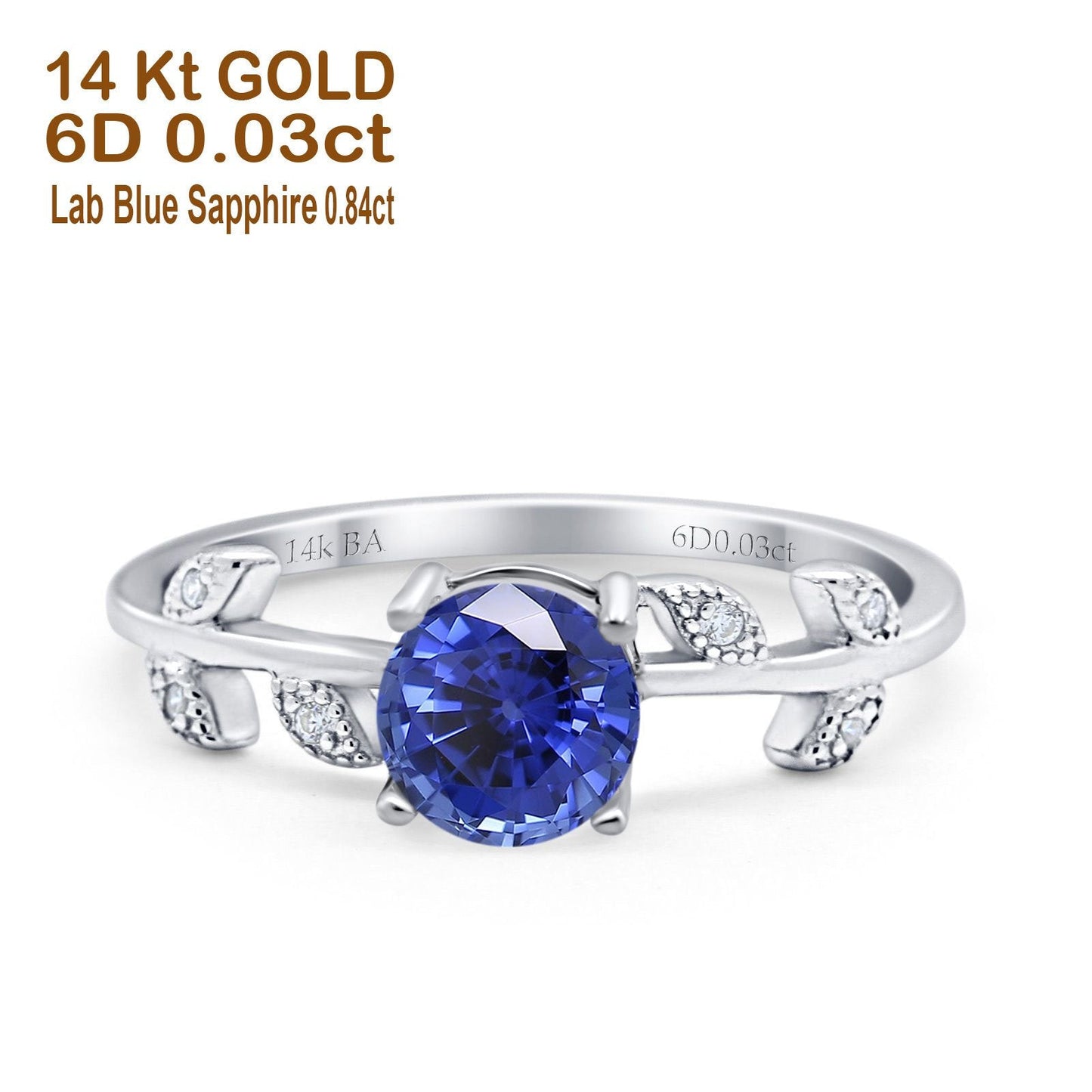 14K White Gold 0.87ct Round Nano Blue Sapphire G SI Diamond Engagement Ring Size 6.5