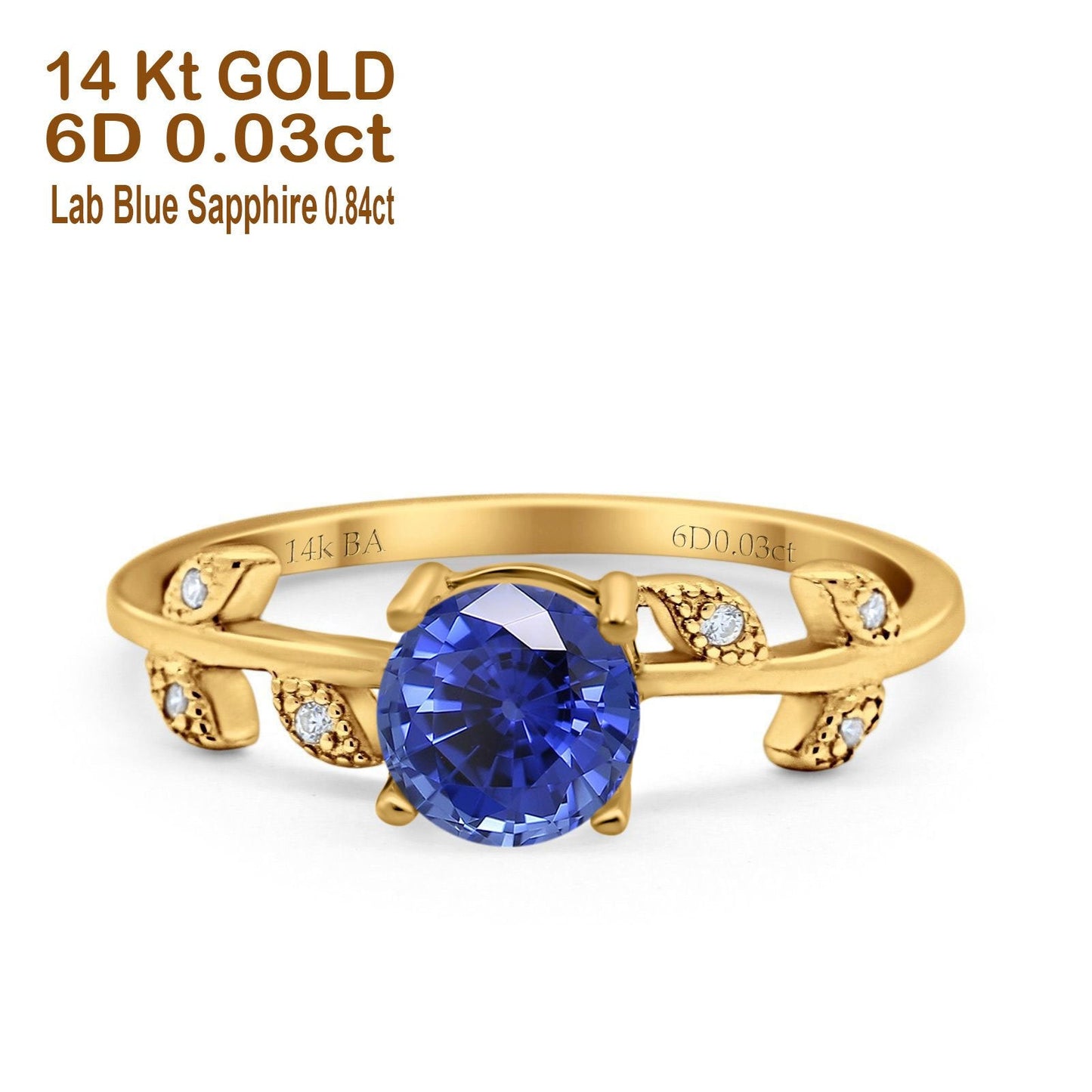 14K Yellow Gold 0.87ct Round Nano Blue Sapphire G SI Diamond Engagement Ring Size 6.5