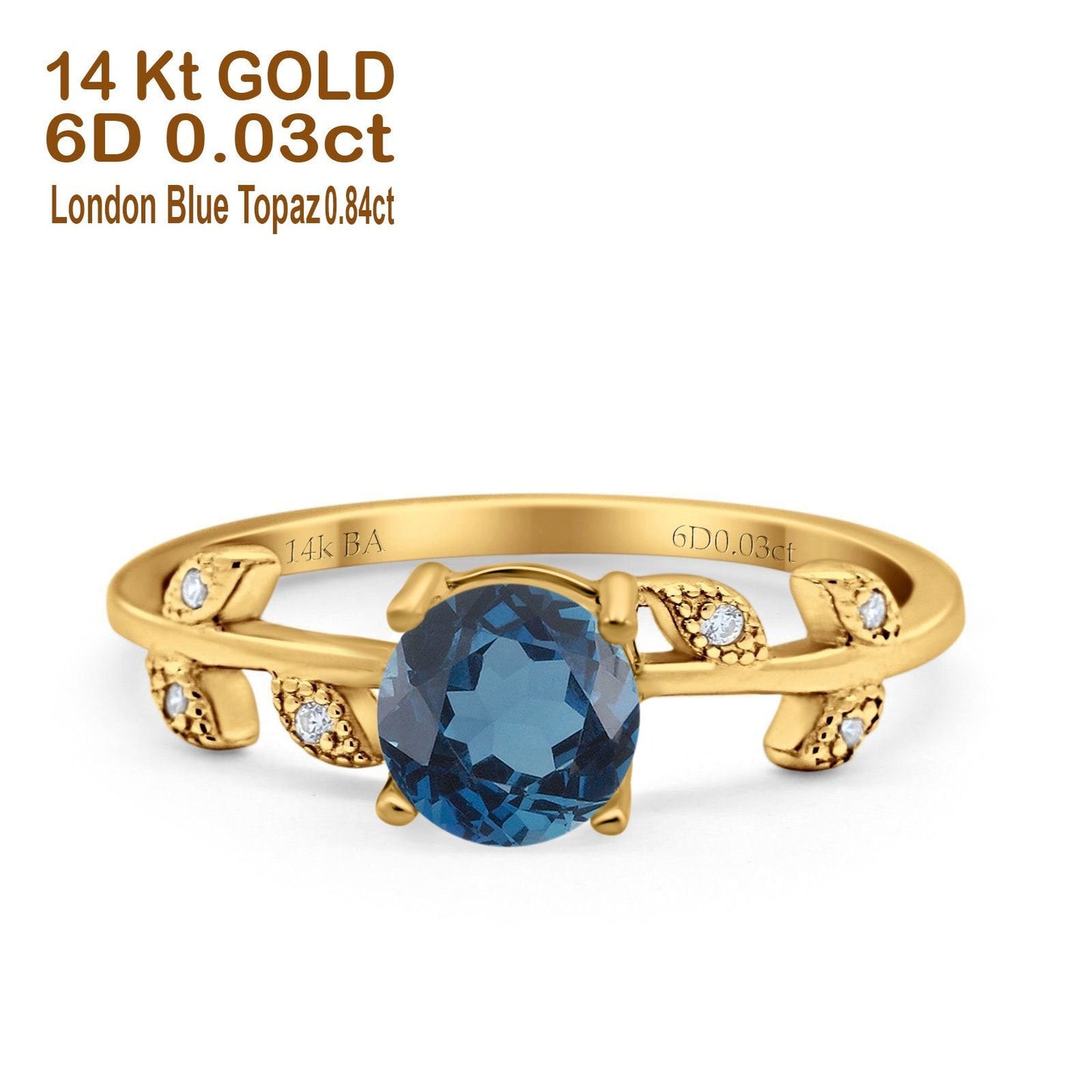 14K Yellow Gold 0.87ct Round London Blue Topaz G SI Diamond Engagement Ring Size 6.5