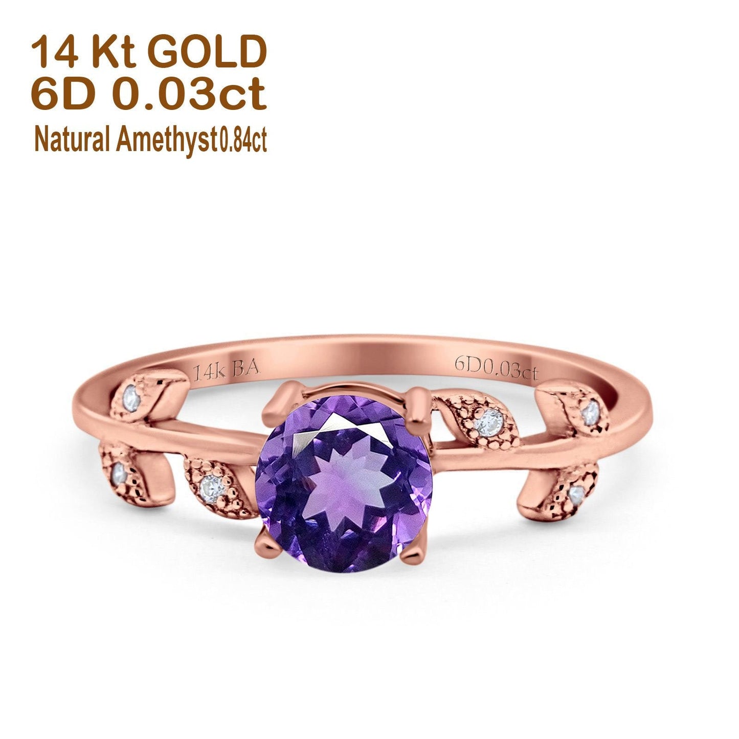 14K Rose Gold 0.87ct Round Natural Amethyst G SI Diamond Engagement Ring Size 6.5