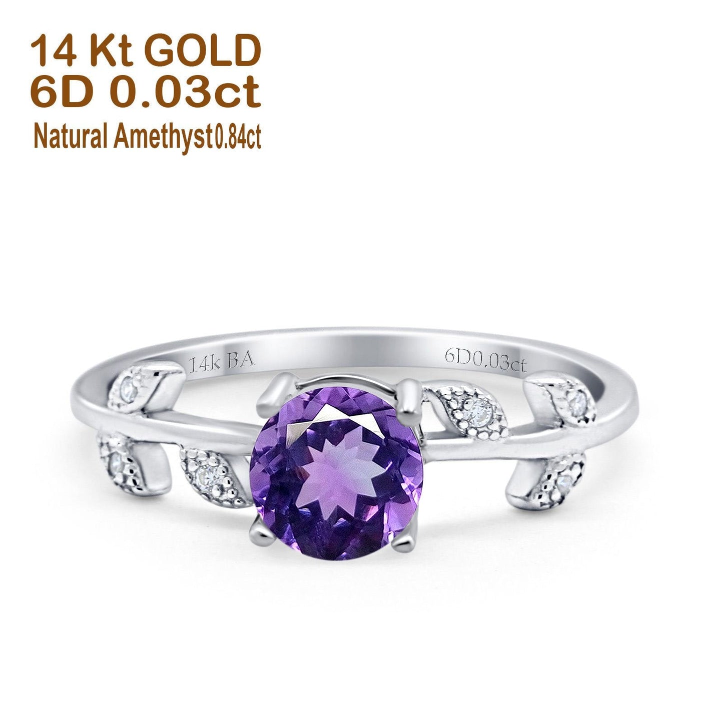 14K White Gold 0.87ct Round Natural Amethyst G SI Diamond Engagement Ring Size 6.5