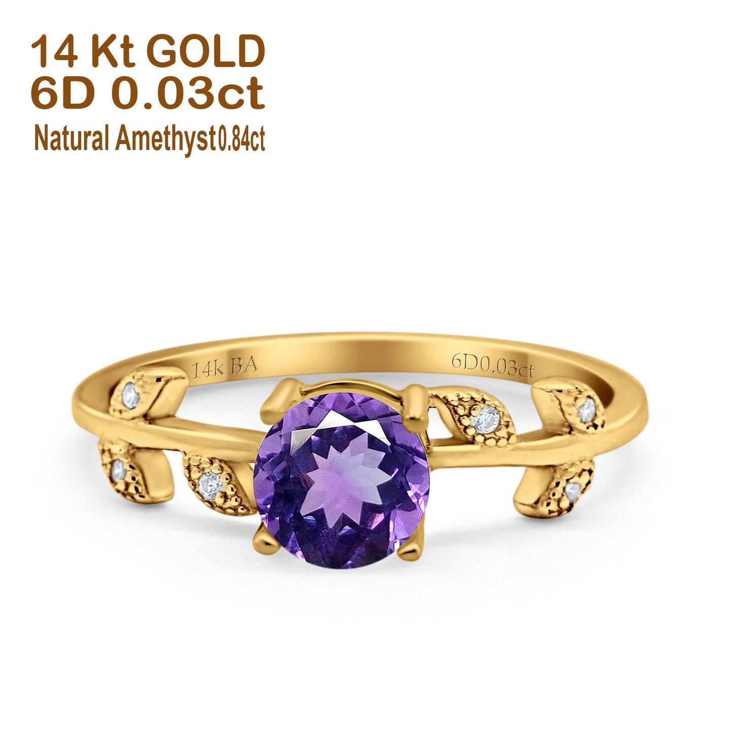 14K Yellow Gold 0.87ct Round Natural Amethyst G SI Diamond Engagement Ring Size 6.5