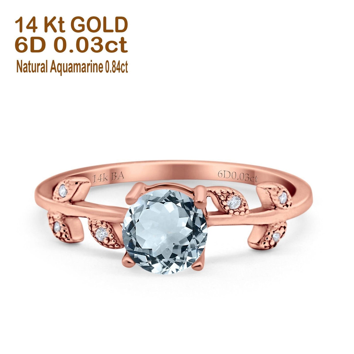 14K Rose Gold 0.87ct Round Natural Aquamarine G SI Diamond Engagement Ring Size 6.5