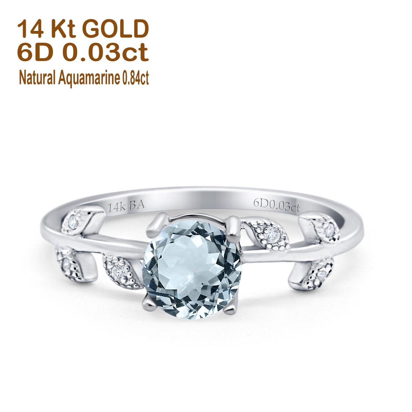 14K White Gold 0.87ct Round Natural Aquamarine G SI Diamond Engagement Ring Size 6.5