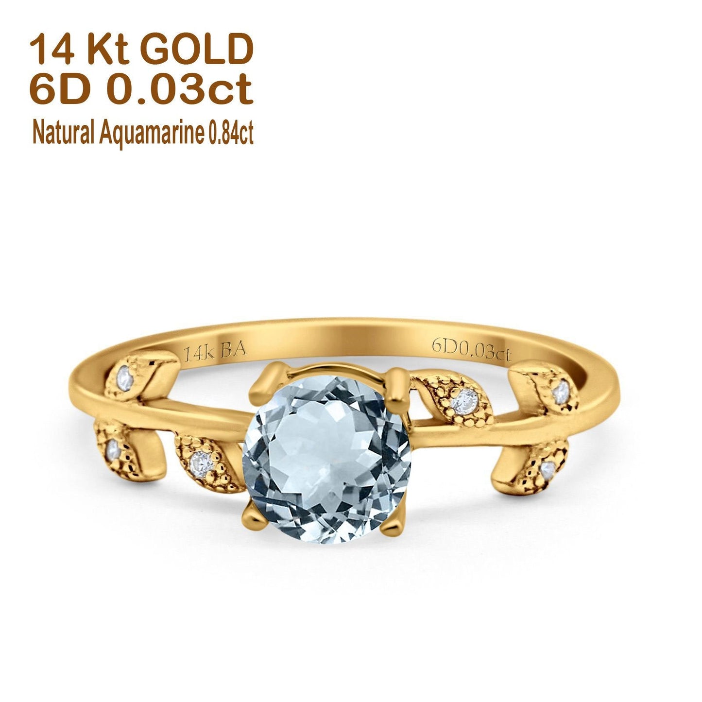 14K Yellow Gold 0.87ct Round Natural Aquamarine G SI Diamond Engagement Ring Size 6.5