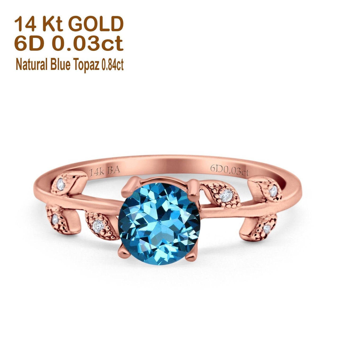 14K Rose Gold 0.87ct Round Natural Swiss Blue Topaz G SI Diamond Engagement Ring Size 6.5