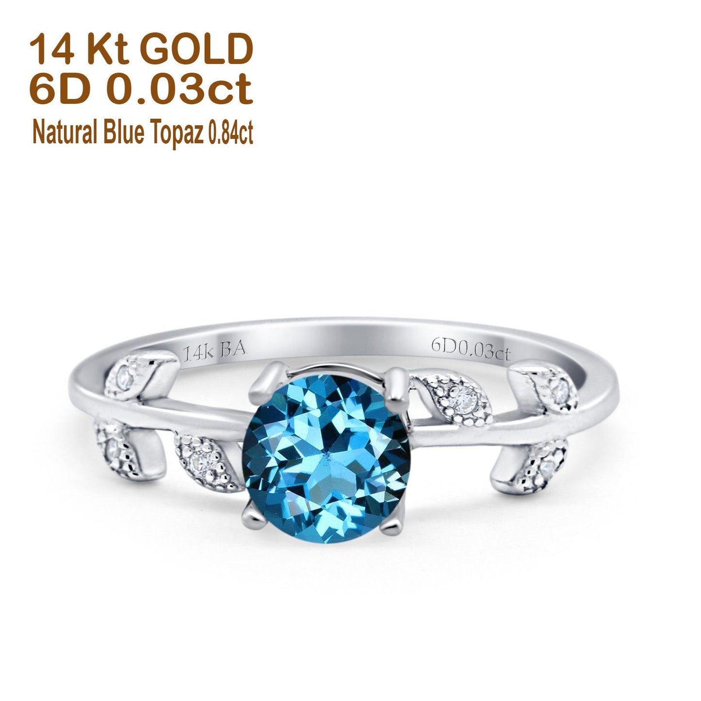 14K White Gold 0.87ct Round Natural Swiss Blue Topaz G SI Diamond Engagement Ring Size 6.5