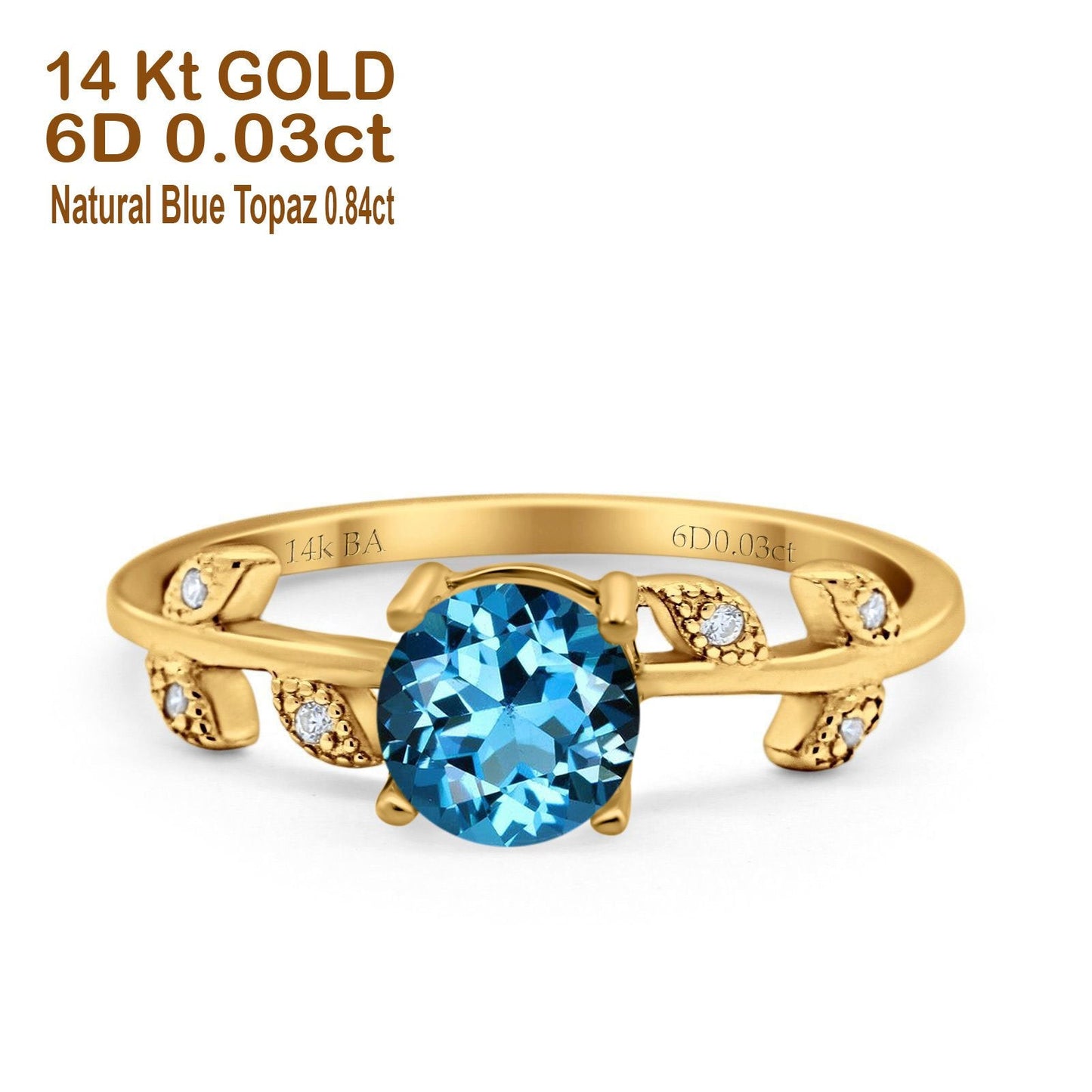 14K Yellow Gold 0.87ct Round Natural Swiss Blue Topaz G SI Diamond Engagement Ring Size 6.5