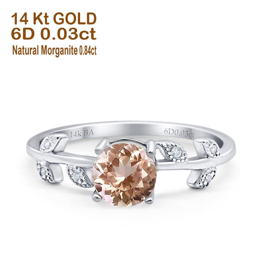 14K White Gold 0.87ct Round Natural Morganite G SI Diamond Engagement Ring Size 6.5