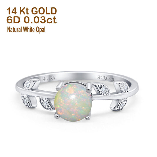 14K White Gold 0.03ct Round Natural White Opal G SI Diamond Engagement Ring Size 6.5