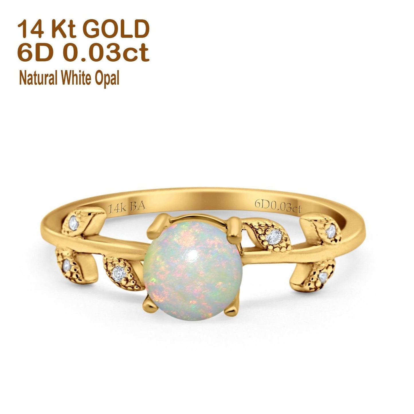 14K Yellow Gold 0.03ct Round Natural White Opal G SI Diamond Engagement Ring Size 6.5