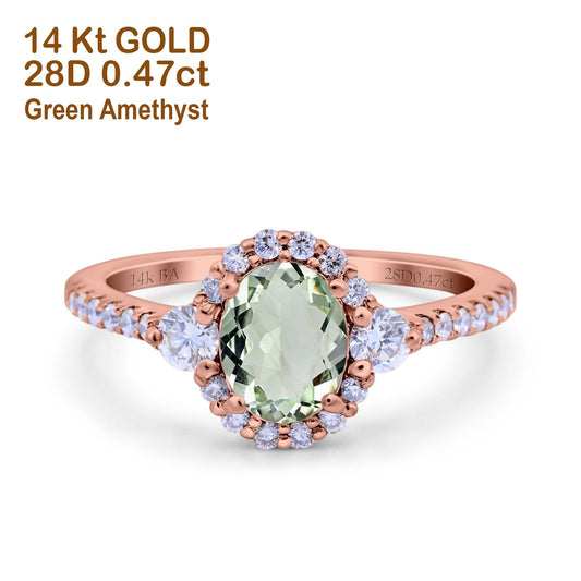 14K Rose Gold 1.68ct Oval Natural Green Amethyst G SI Diamond Engagement Ring Size 6.5