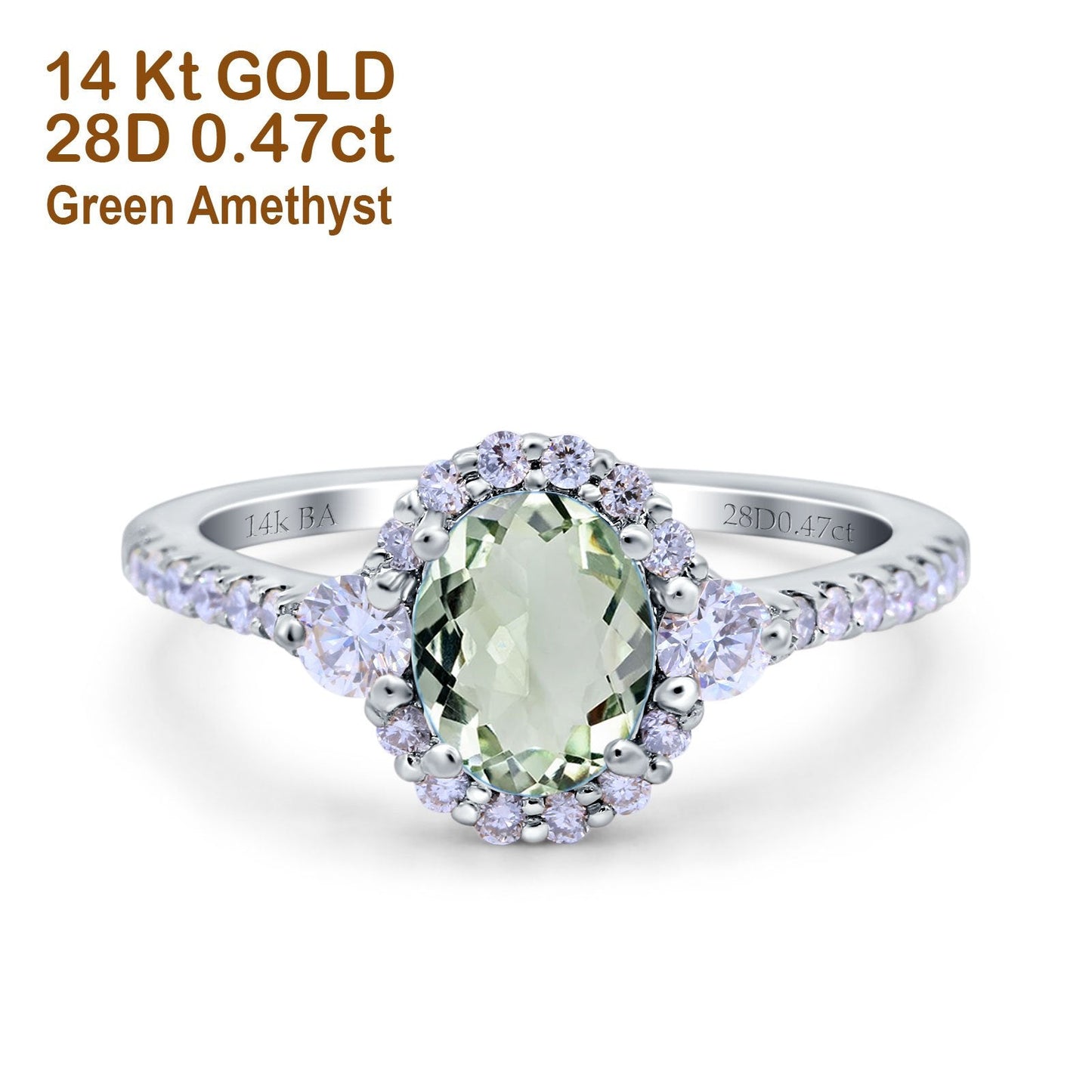 Bague de fiançailles en or blanc 14 carats avec améthyste verte naturelle ovale de 1,68 ct et diamant G SI, taille 6,5