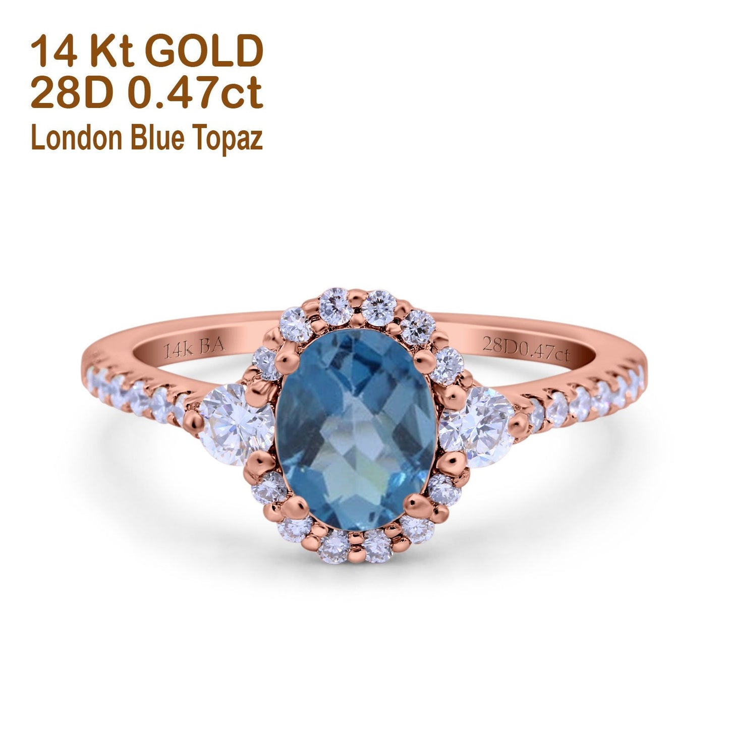 Bague de fiançailles en or rose 14 carats avec topaze bleue de Londres ovale de 1,68 ct et diamant G SI, taille 6,5