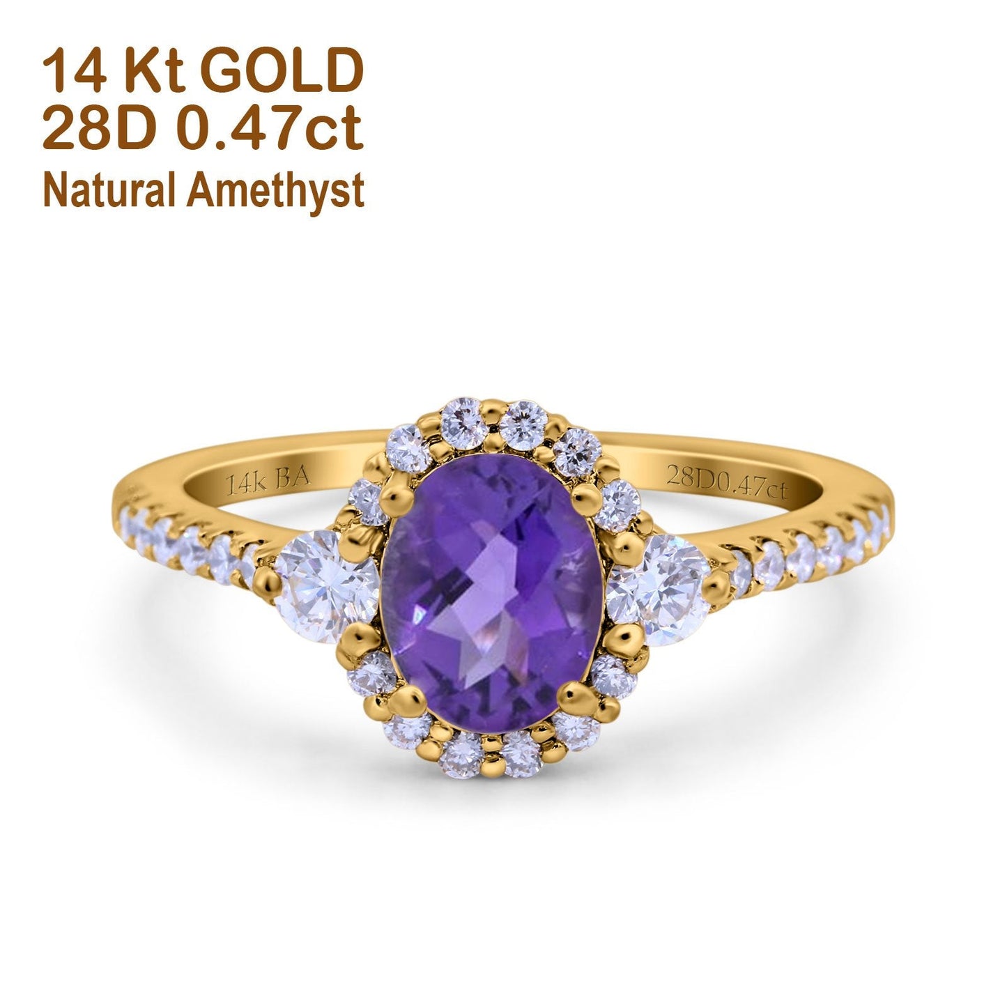 14K Yellow Gold 1.68ct Oval Natural Amethyst G SI Diamond Engagement Ring Size 6.5