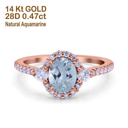 14K Rose Gold 1.68ct Oval Natural Aquamarine G SI Diamond Engagement Ring Size 6.5