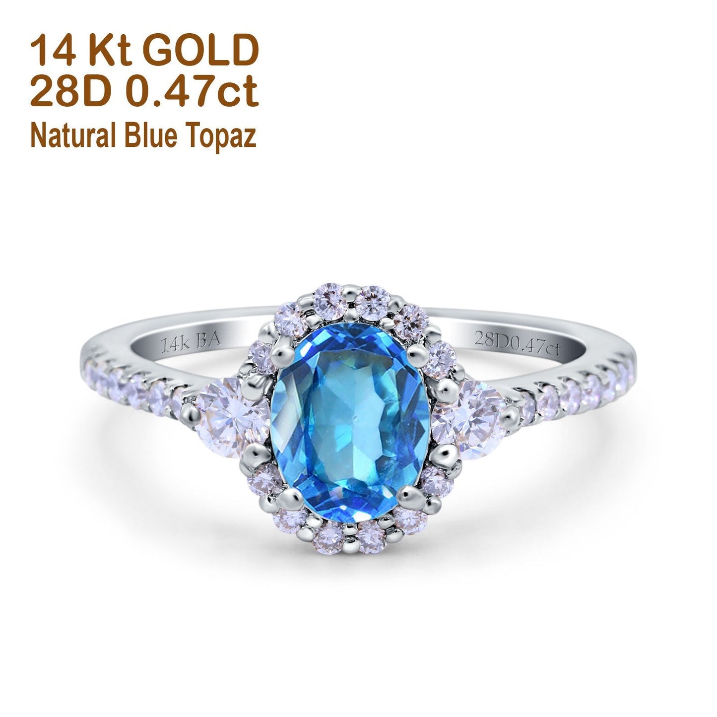 Bague de fiançailles en or blanc 14 carats avec topaze bleue suisse ovale naturelle de 1,68 ct et diamant G SI, taille 6,5