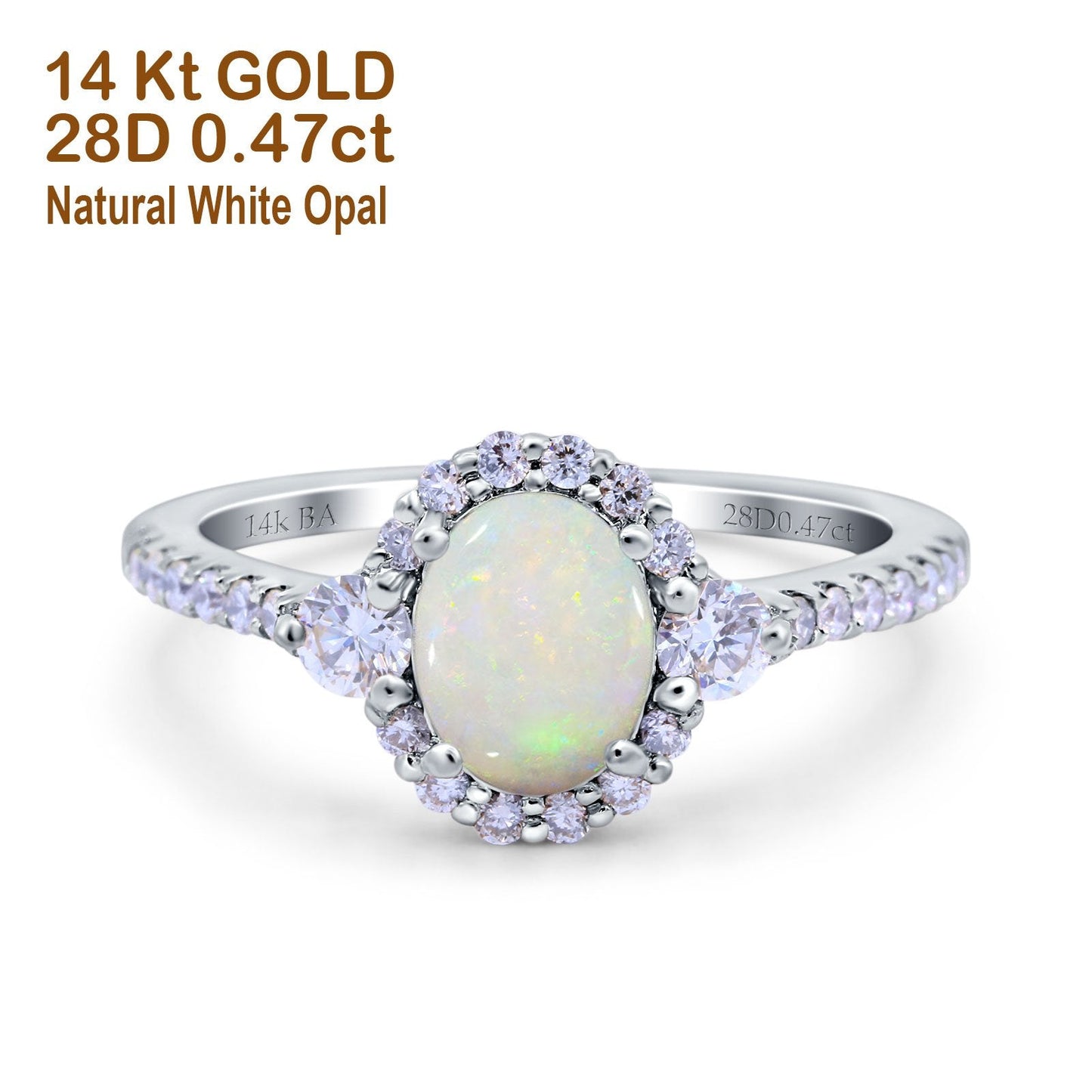 14K White Gold 0.47ct Oval Natural White Opal G SI Diamond Engagement Ring Size 6.5