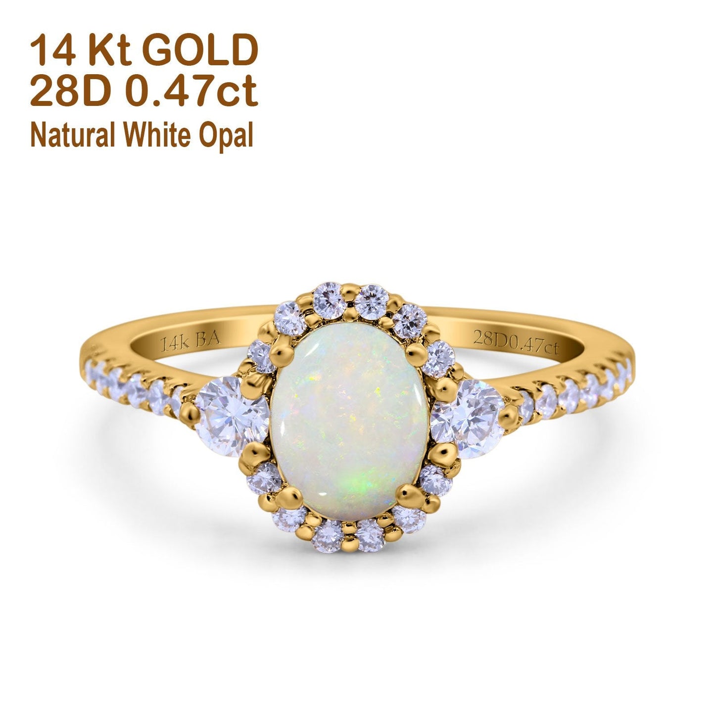 14K Yellow Gold 0.47ct Oval Natural White Opal G SI Diamond Engagement Ring Size 6.5