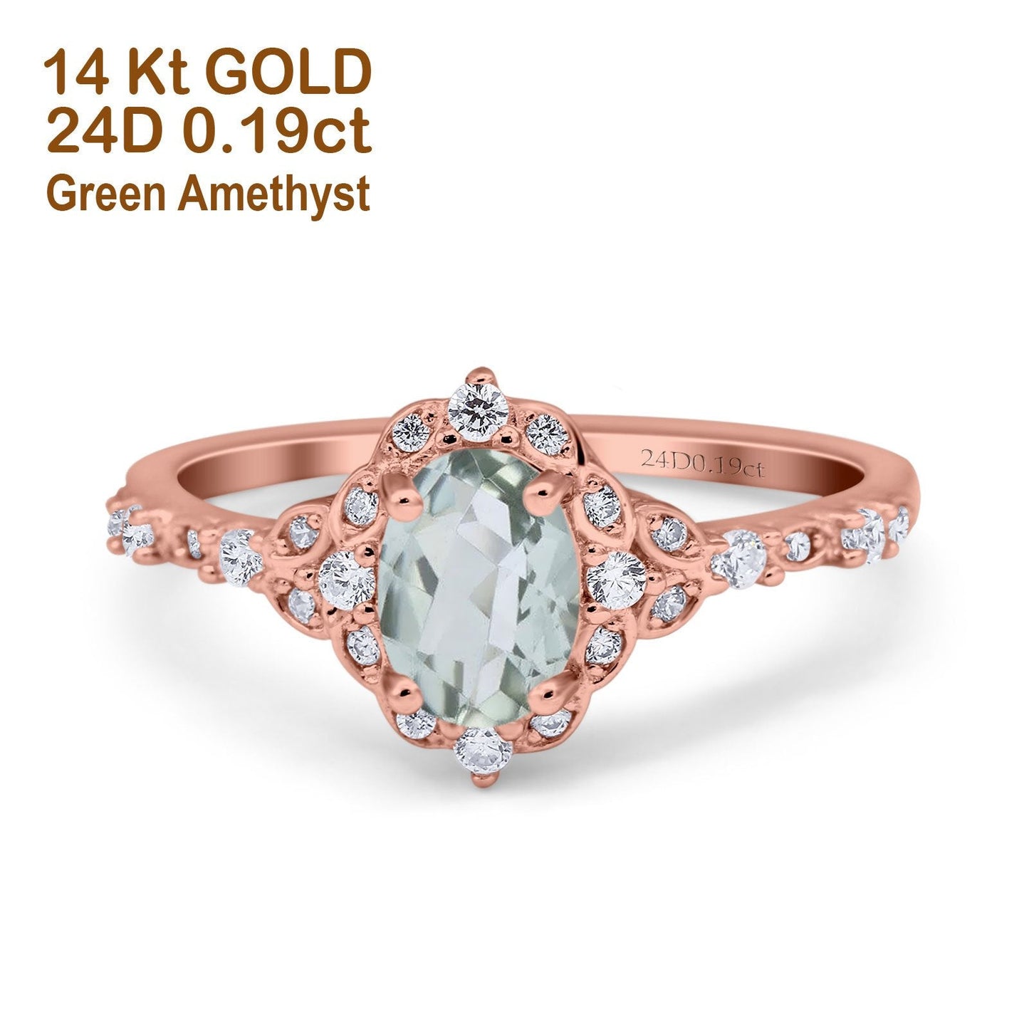 14K Rose Gold Oval Natural Green Amethyst 0.95ct G SI Diamond Engagement Ring Size 6.5