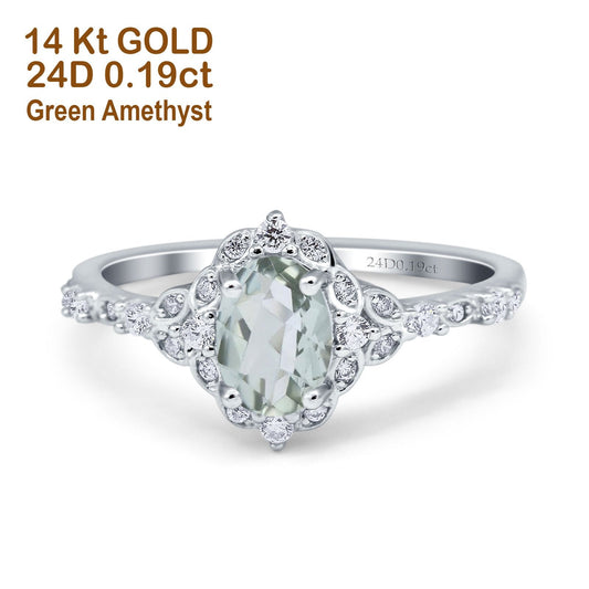 14K White Gold Oval Natural Green Amethyst 0.95ct G SI Diamond Engagement Ring Size 6.5