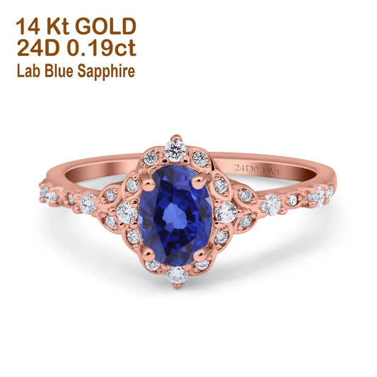 14K Rose Gold Oval Nano Blue Sapphire 0.95ct G SI Diamond Engagement Ring Size 6.5