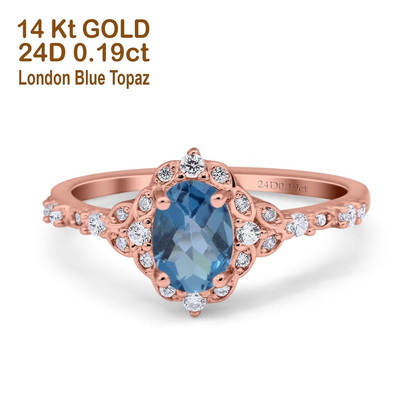 14K Rose Gold Oval London Blue Topaz 0.95ct G SI Diamond Engagement Ring Size 6.5