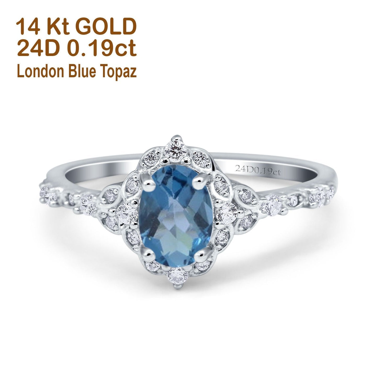 14K White Gold Oval London Blue Topaz 0.95ct G SI Diamond Engagement Ring Size 6.5