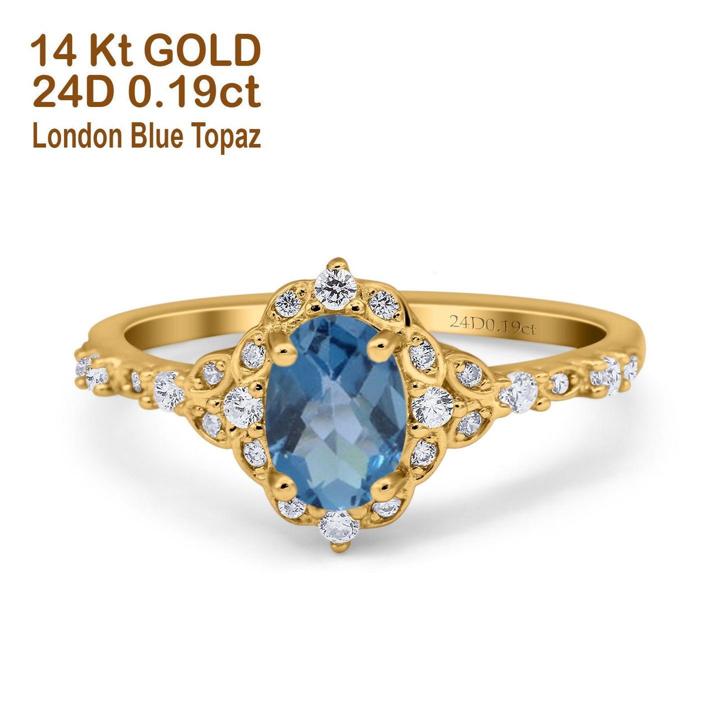 14K Yellow Gold Oval London Blue Topaz 0.95ct G SI Diamond Engagement Ring Size 6.5