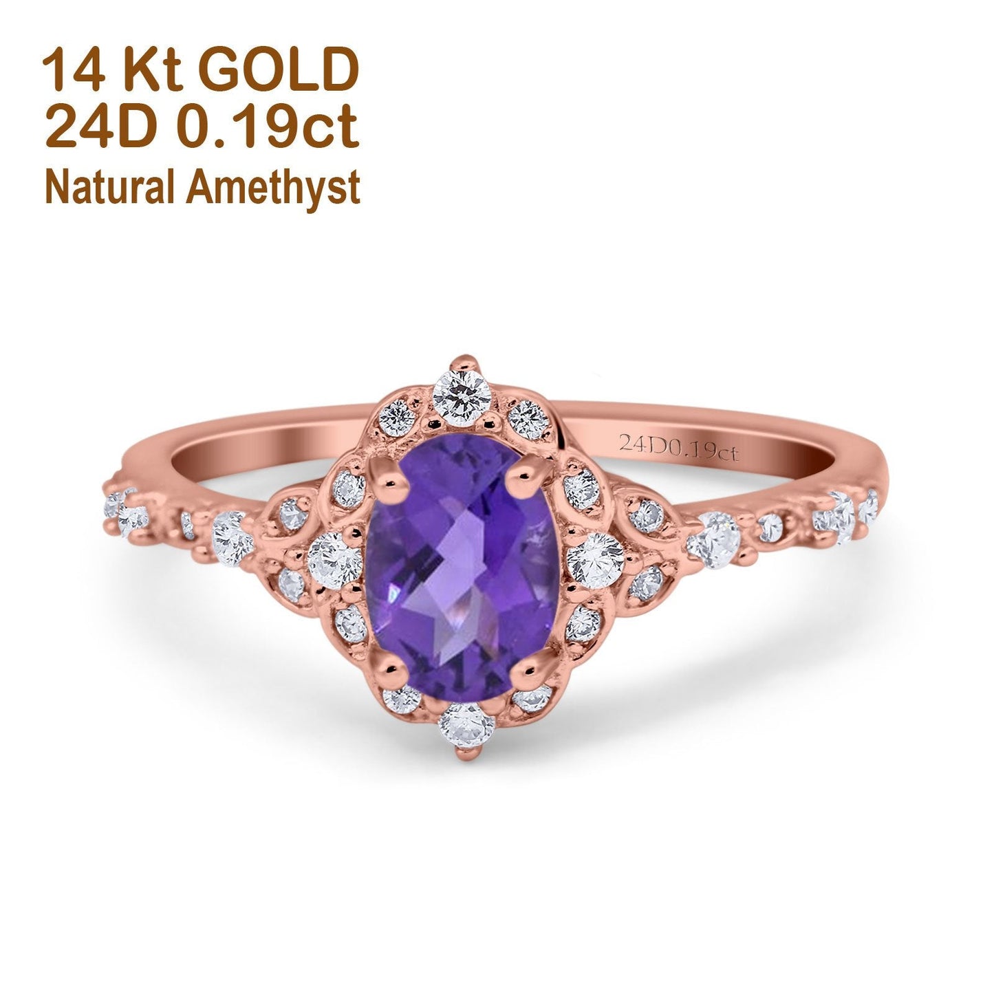 14K Rose Gold Oval Natural Amethyst 0.95ct G SI Diamond Engagement Ring Size 6.5