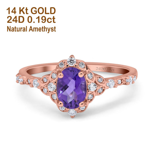 14K Rose Gold Oval Natural Amethyst 0.95ct G SI Diamond Engagement Ring Size 6.5