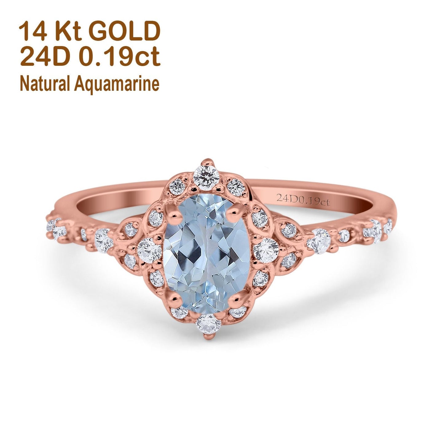 14K Rose Gold Oval Natural Aquamarine 0.95ct G SI Diamond Engagement Ring Size 6.5