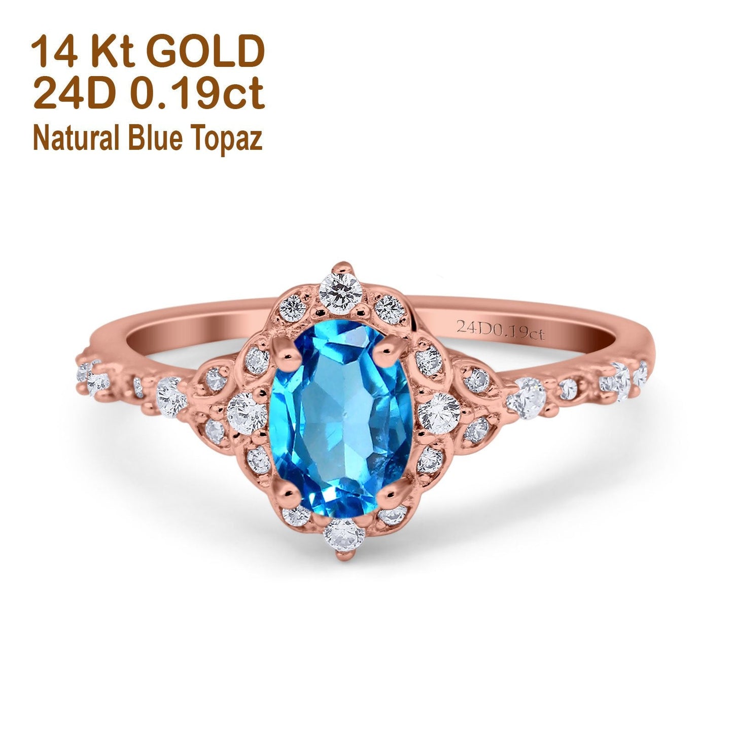 14K Rose Gold Oval Natural Swiss Blue Topaz 0.95ct G SI Diamond Engagement Ring Size 6.5