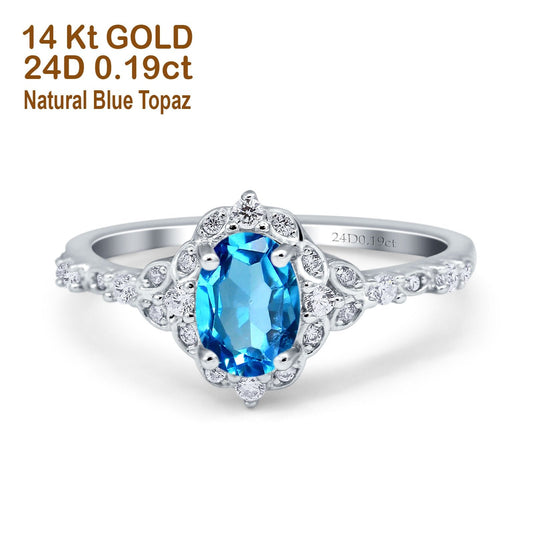 14K White Gold Oval Natural Swiss Blue Topaz 0.95ct G SI Diamond Engagement Ring Size 6.5