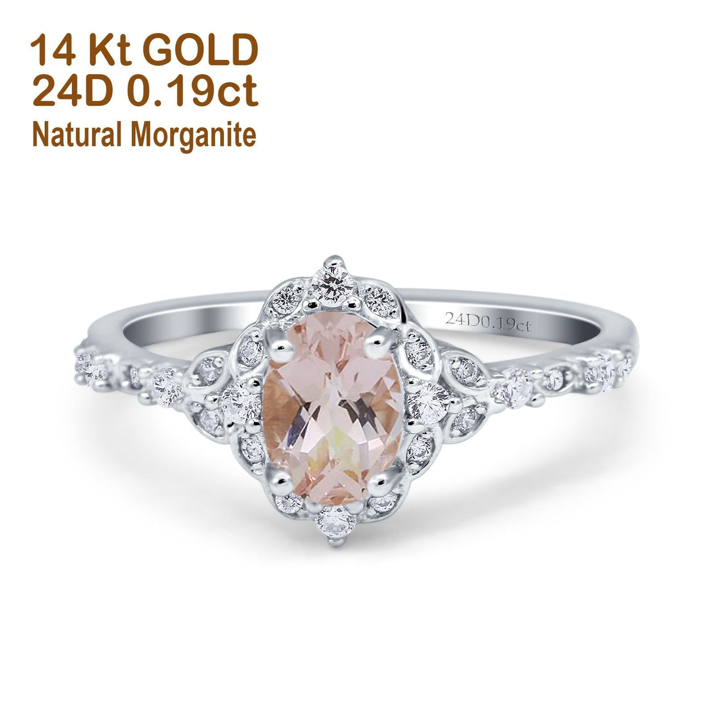 14K White Gold Oval Natural Morganite 0.95ct G SI Diamond Engagement Ring Size 6.5