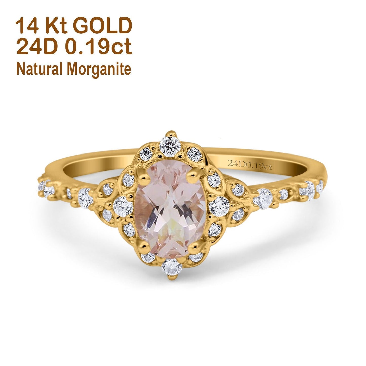 14K Yellow Gold Oval Natural Morganite 0.95ct G SI Diamond Engagement Ring Size 6.5