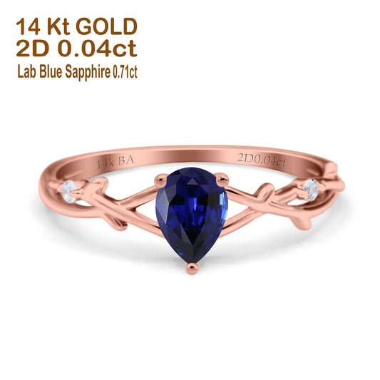 14K Rose Gold 0.75ct Nano Blue Sapphire Pear G SI Diamond Engagement Ring Size 6.5