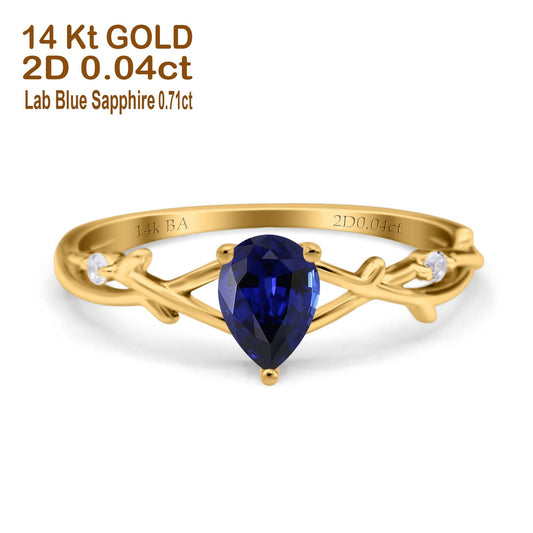 14K Yellow Gold 0.75ct Nano Blue Sapphire Pear G SI Diamond Engagement Ring Size 6.5