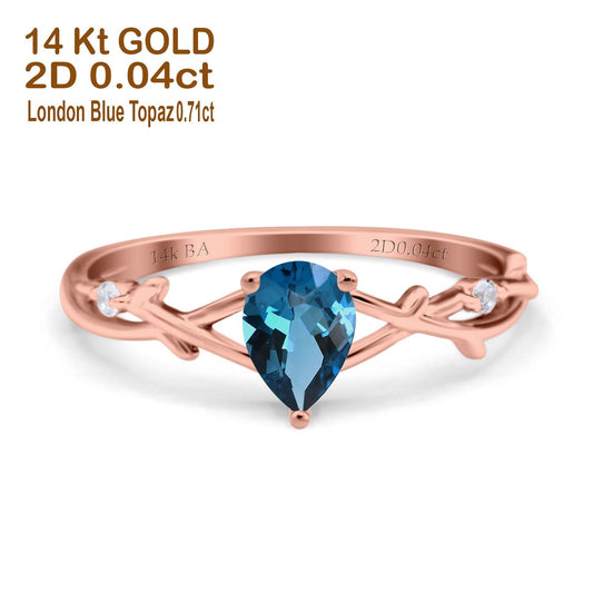 14K Rose Gold 0.75ct London Blue Topaz Pear G SI Diamond Engagement Ring Size 6.5