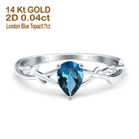 14K White Gold 0.75ct London Blue Topaz Pear G SI Diamond Engagement Ring Size 6.5