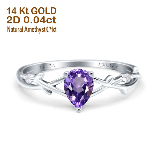 14K White Gold 0.75ct Natural Amethyst Pear G SI Diamond Engagement Ring Size 6.5