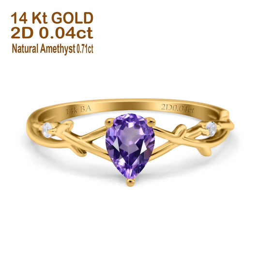 14K Yellow Gold 0.75ct Natural Amethyst Pear G SI Diamond Engagement Ring Size 6.5