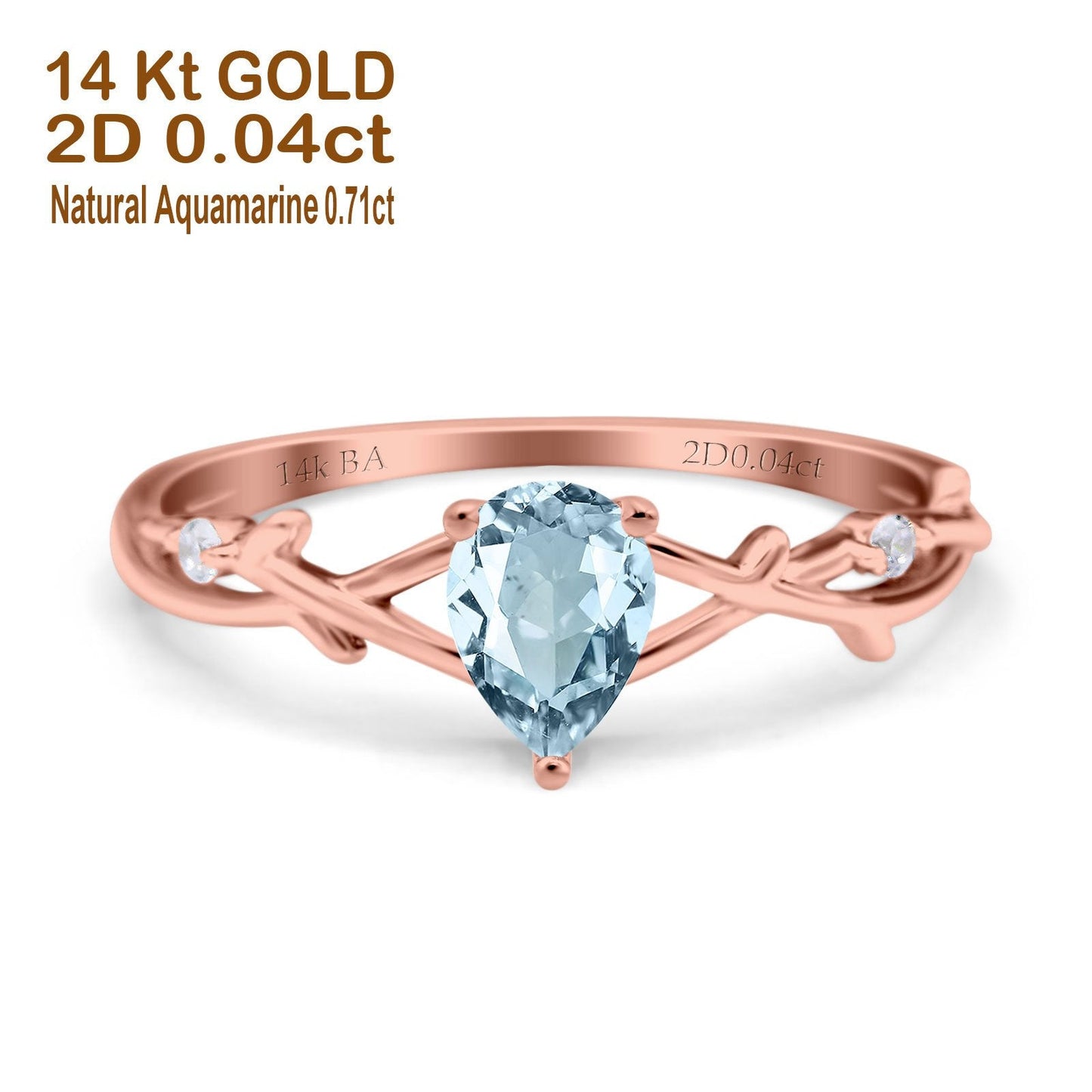 14K Rose Gold 0.75ct Natural Aquamarine Pear G SI Diamond Engagement Ring Size 6.5