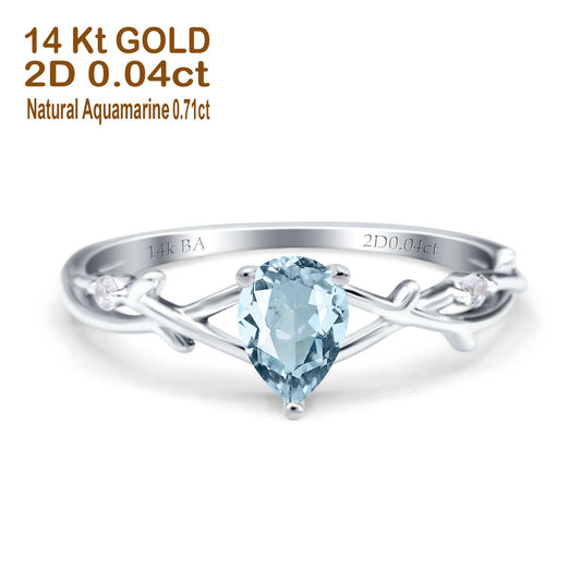 14K White Gold 0.75ct Natural Aquamarine Pear G SI Diamond Engagement Ring Size 6.5