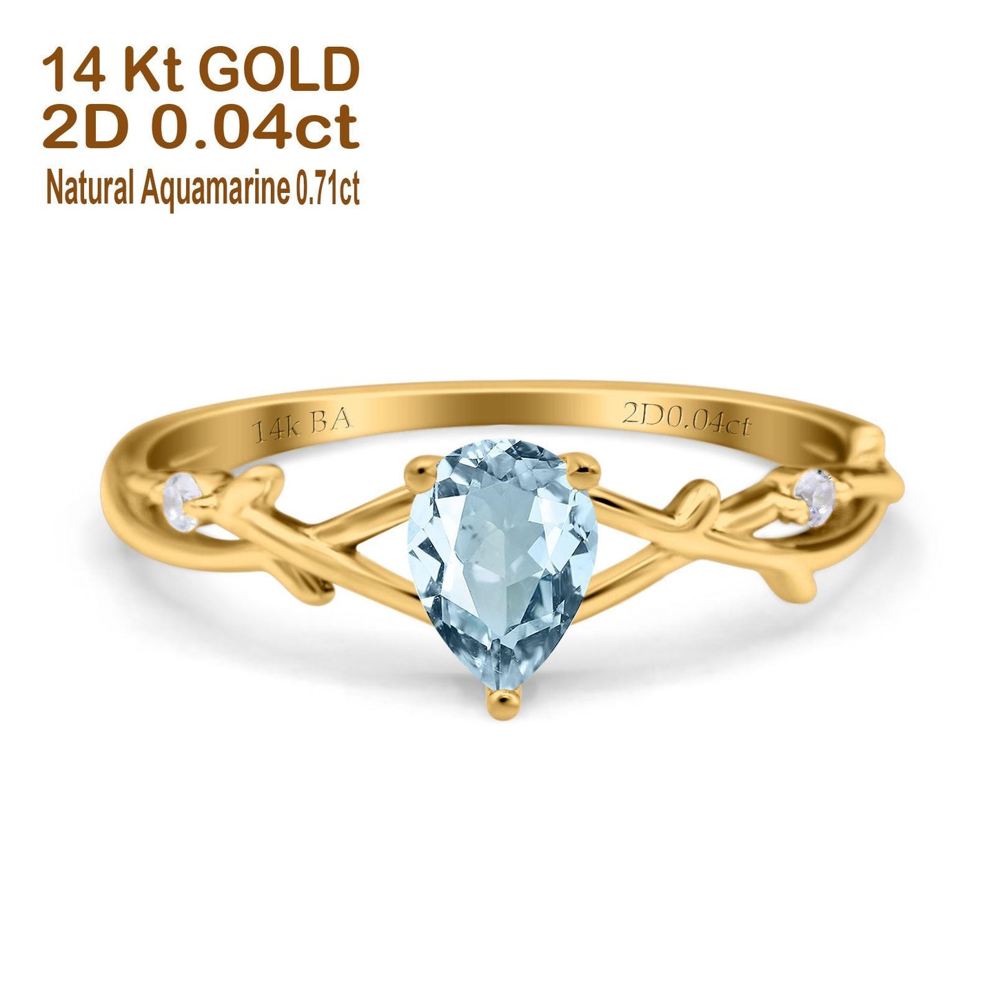 14K Yellow Gold 0.75ct Natural Aquamarine Pear G SI Diamond Engagement Ring Size 6.5