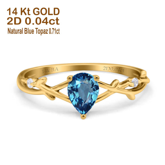 14K Yellow Gold 0.75ct Natural Swiss Blue Topaz Pear G SI Diamond Engagement Ring Size 6.5